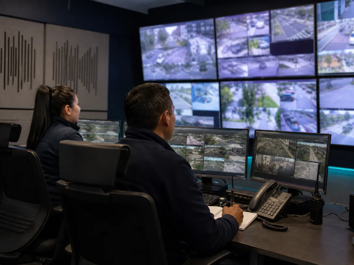 Operadores observando cámaras de seguridad en tiempo real