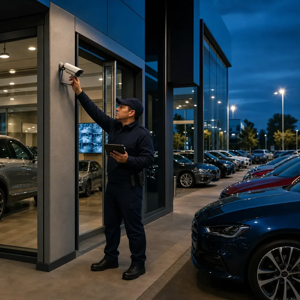 Técnico fijando una cámara de seguridad a la fachada de una automotora