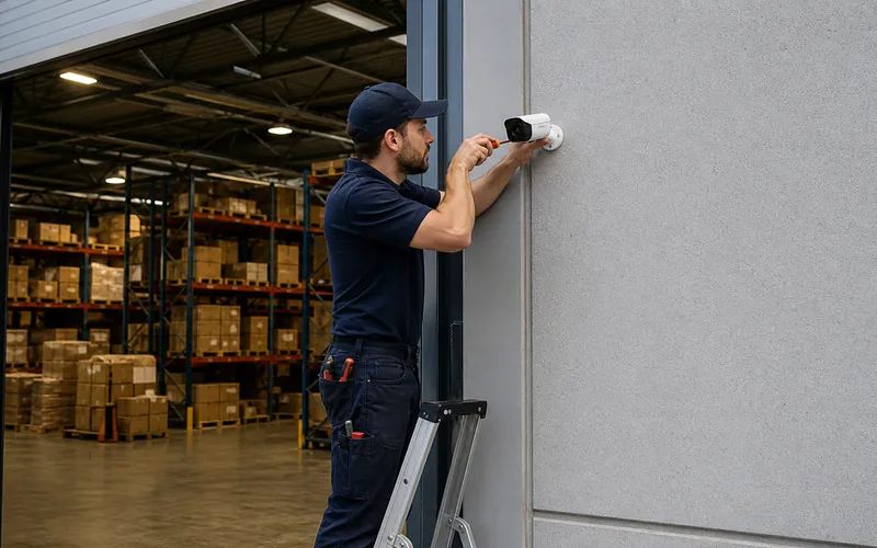 Técnico instalando una cámara de seguridad en una bodega con inventario