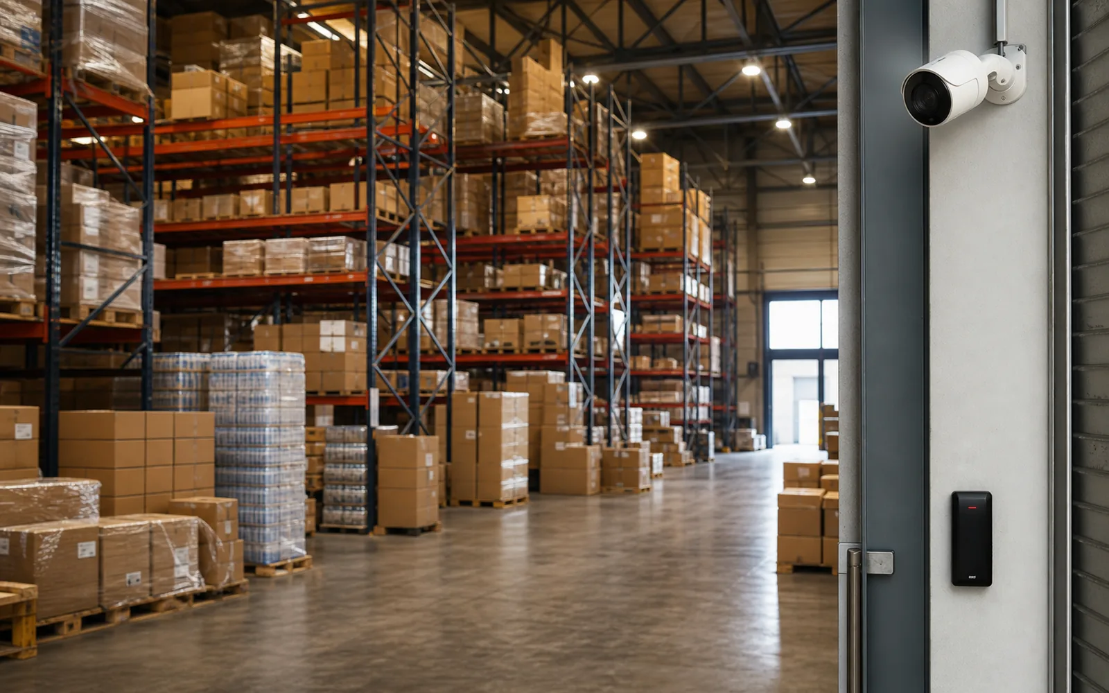 Bodega empresarial llena de inventario, protegida por vigilancia y control de acceso